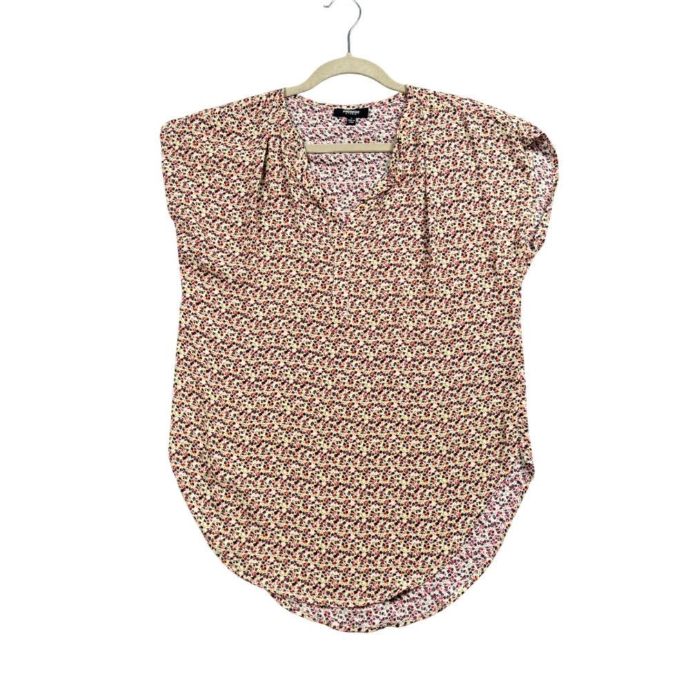 Floral V Neck Blouse Womens Small Multicolor Casual Lightweight Curved Hem Top